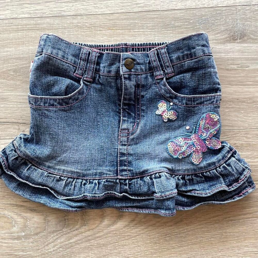 Y2K Bongo Denim Mini Skirt with Sequin Butterflies Fairy Girly Skort Blue Jean